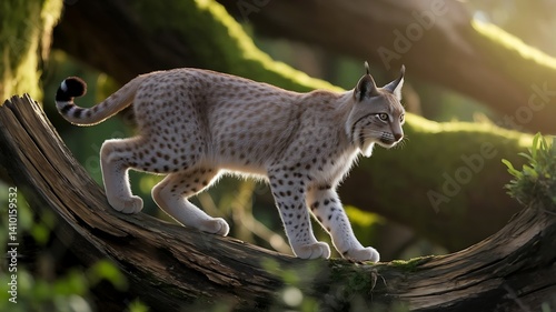 Lynx Perched on Tree Trunk with Sharp Gaze, Surrounded by Dense Greenery for a Realistic and Intense Jungle Predator Scene