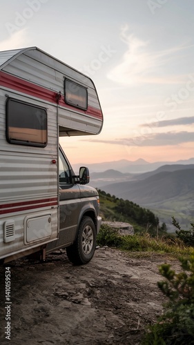 Vintage RV parked on a mountain overlook during sunset with expansive views of valleys and distant hills