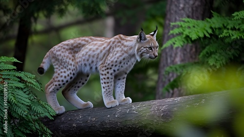 Lynx Perched on Tree Trunk with Sharp Gaze, Surrounded by Dense Greenery for a Realistic and Intense Jungle Predator Scene