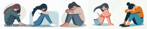 A vector collection of a person sitting looking down with a sad expression, reflecting feelings of despair or loneliness.