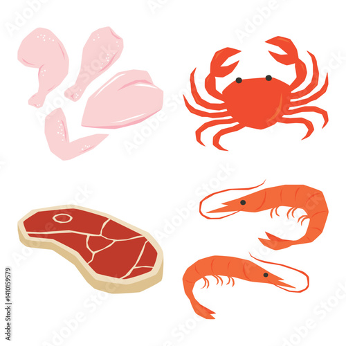 Cute Food and Veggies Ingredient Set in Messy Flat Cutout Style