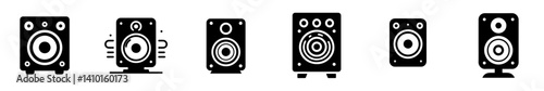 Collection of vector illustrations of speakers with various designs and styles, representing audio devices for listening to music, sound or other entertainment.