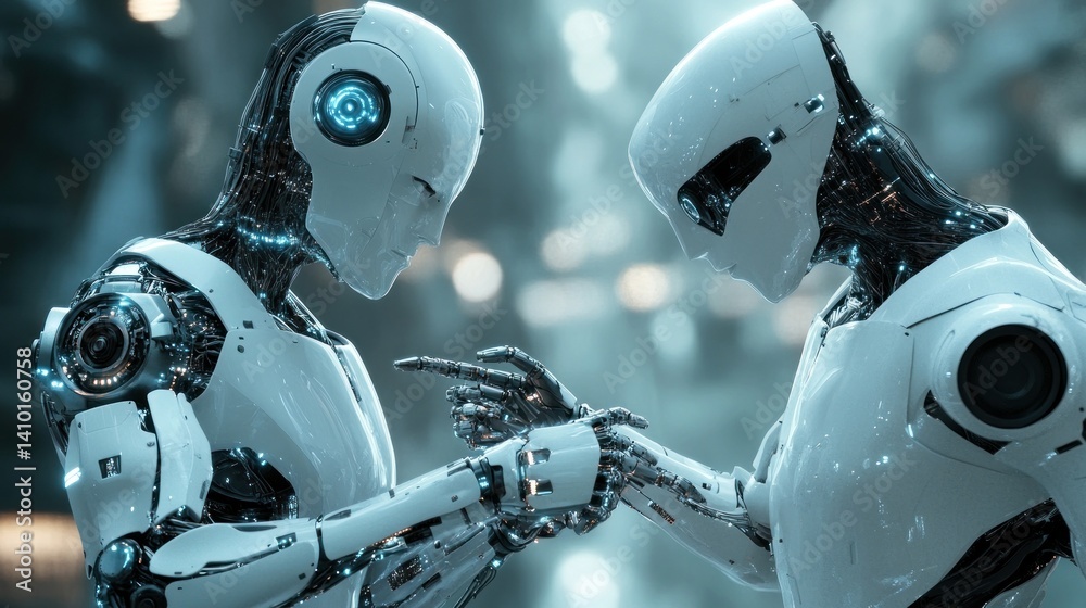 Fototapeta premium Humanoid Robots Interacting: A Glimpse into the Future of AI