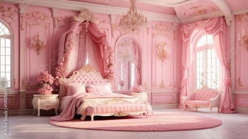araffe bedroom with pink bed and pink curtains and a chandelier, royal interior, beautiful render of a fairytale