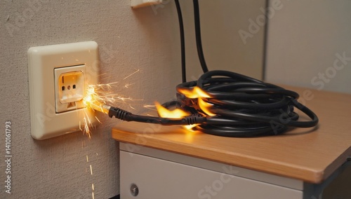 Office safety hazard concept highlighting electrical fire spark and cable overload risks