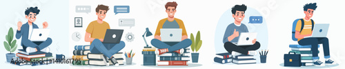 A vector collection of a person studying or working using a laptop, surrounded by books, depicting modern learning activities, online learning, or the spirit of seeking knowledge in the digital age.