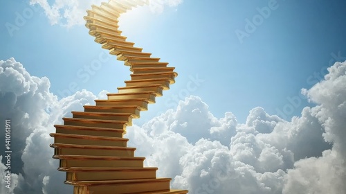 A surreal, golden staircase ascends through fluffy clouds towards a bright sky, symbolizing hope and aspiration.