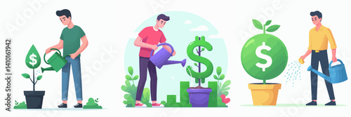 A vector collection of a person watering a plant in the shape of a money symbol, symbolizing efforts or investments made to grow finances or achieve financial well-being.