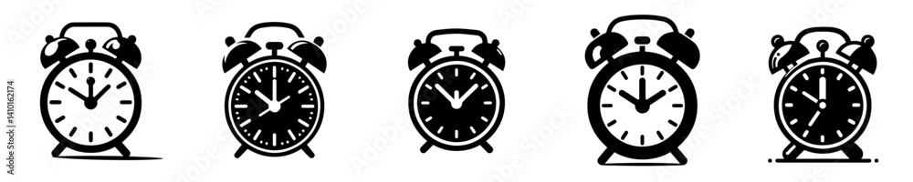 Collection of vector illustrations of alarm clocks with different designs and colors, symbolizing time, discipline, and reminders to wake up or start activities. Collection of vector illustrations of alarm clocks with different designs and colors, symbolizing time, discipline, and reminders to wake up or start activities.