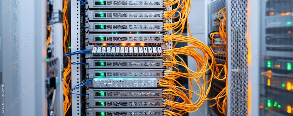 A close-up view of server racks showcasing numerous cables and storage units, highlighting the complexity of modern data centers and technology infrastructure.