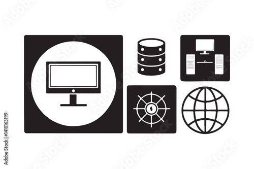 Professional computer and internet icon collection with detailed line vectors including coding, cloud storage, online access, firewall, and digital security.