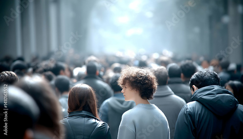 A young person with curly hair walks amidst a large, anonymous crowd in an urban setting