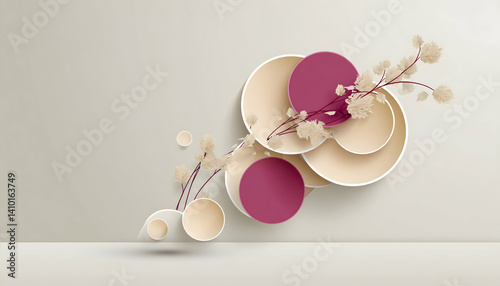 Abstract beige and mauve overlapping circles with delicate branches