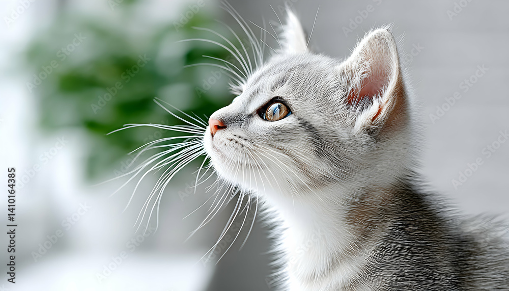 Adorable grey kitten looking upward, showcasing its fluffy fur and bright eyes Adorable grey kitten looking upward, showcasing its fluffy fur and bright eyes