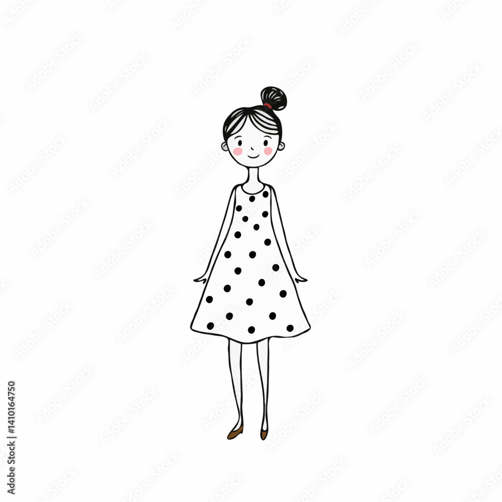 Girl simple standing smiling with hair bun in polka dot dress against white background Girl simple standing smiling with hair bun in polka dot dress against white background