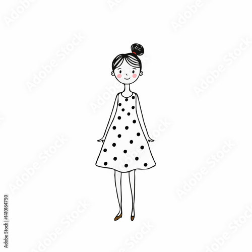 Girl simple standing smiling with hair bun in polka dot dress against white background