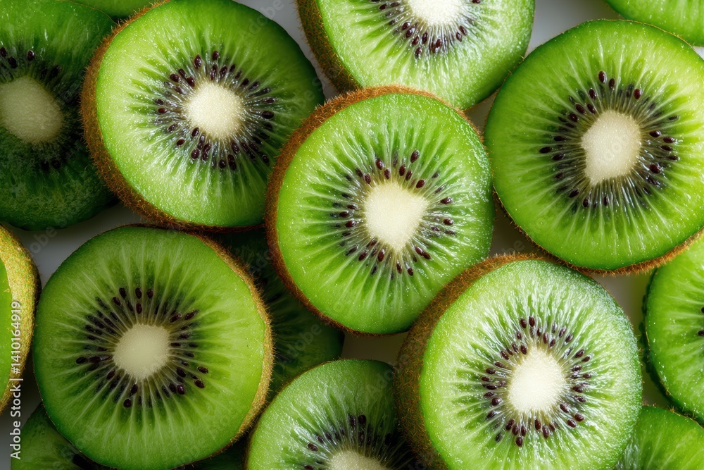Vibrant close-up of fresh sliced kiwi fruit showcasing juicy green flesh and tiny black seeds for food enthusiasts Vibrant close-up of fresh sliced kiwi fruit showcasing juicy green flesh and tiny black seeds for food enthusiasts