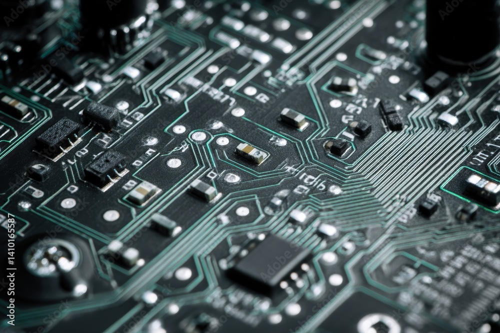 Close-up view of a detailed circuit board showcasing electronic components and intricate pathways in a modern tech setting Close-up view of a detailed circuit board showcasing electronic components and intricate pathways in a modern tech setting
