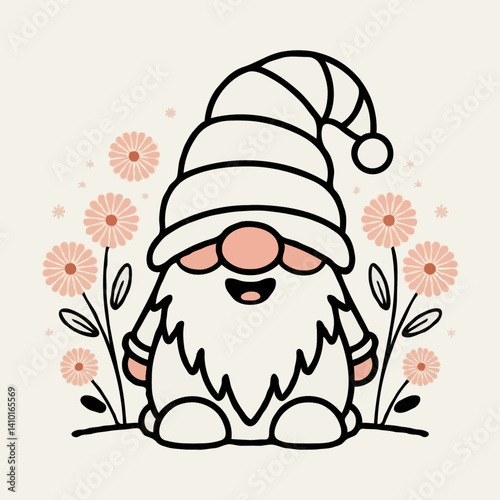 Smiling gnome character standing amongst stylized flowers