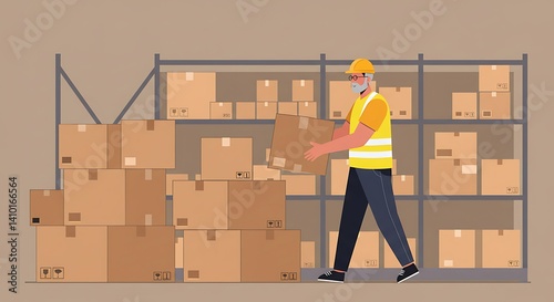 Warehouse Worker Moving Cardboard Boxes photo