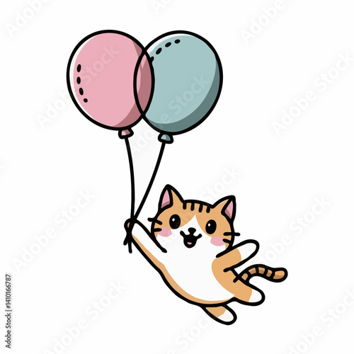 Happy tanned cat, floating pastel balloons on transparent background
