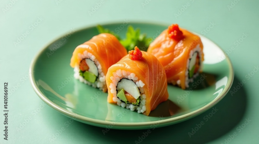 Delicious Salmon Sushi Rolls on a Green Plate Delicious Salmon Sushi Rolls on a Green Plate