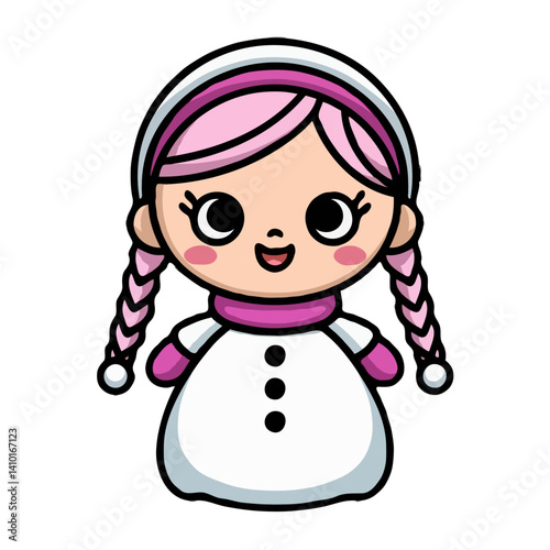 Kawaii girl in a snowman costume, happy, with pink hair and in a costume on a transparent background