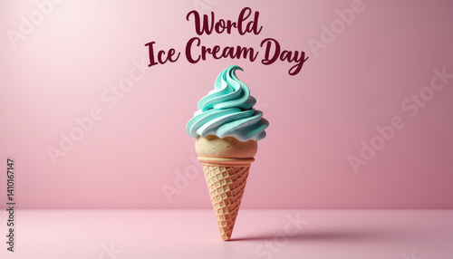 A soft serve ice cream cone with blue and white swirls sits against a vibrant pink background. The text 