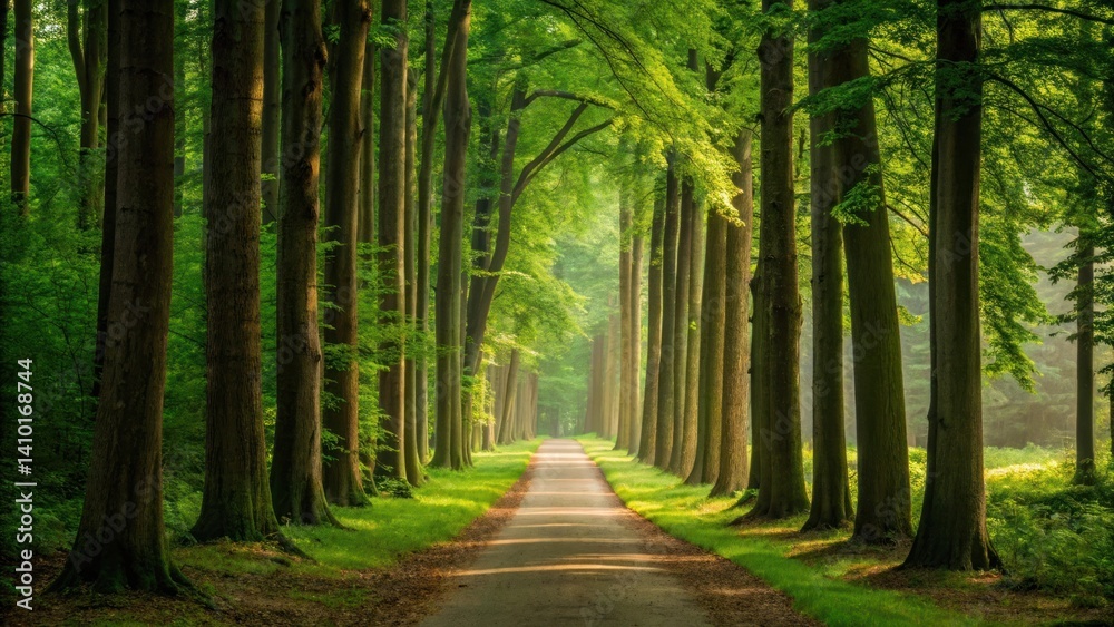 Obraz premium Forest path with tall green trees and sunlight