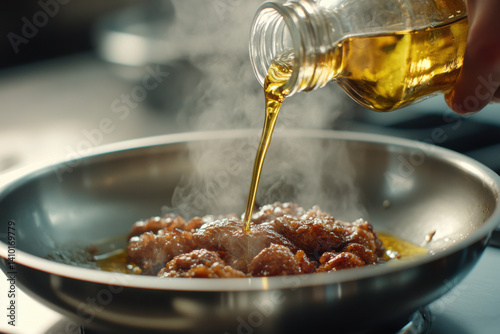 the meat is fried in a frying pan and olive oil is added