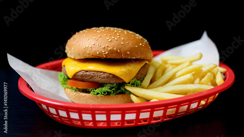 Classic diner burger with sesame seed bun, melted cheese, lettuce, and tomato, served with fries in a red plastic basket lined with paper
