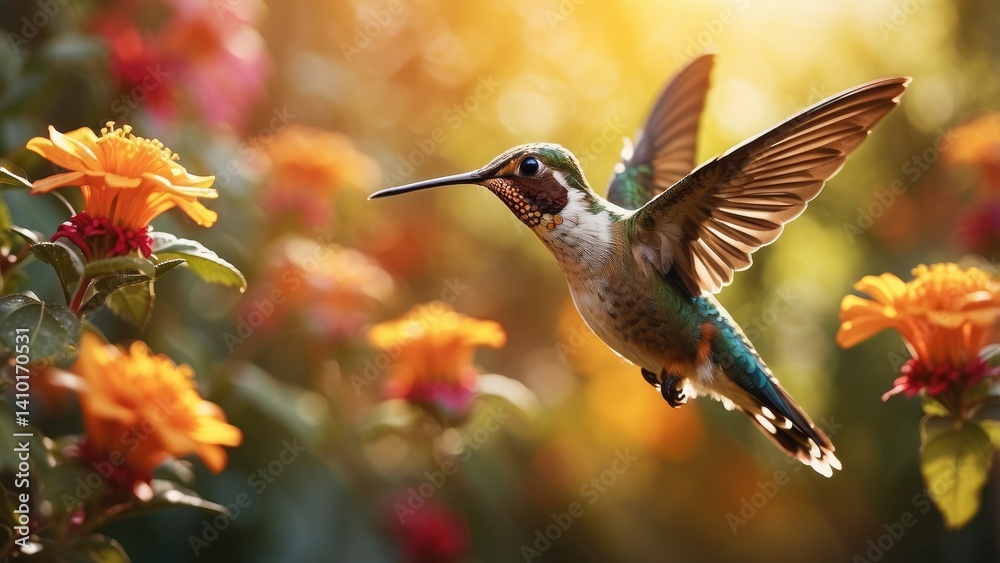 Fototapeta premium A vibrant hummingbird with iridescent blue and green feathers hovers mid-air