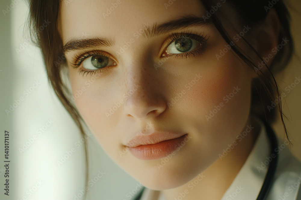 Beautiful woman close-up, doctor nurse care portrait close-up