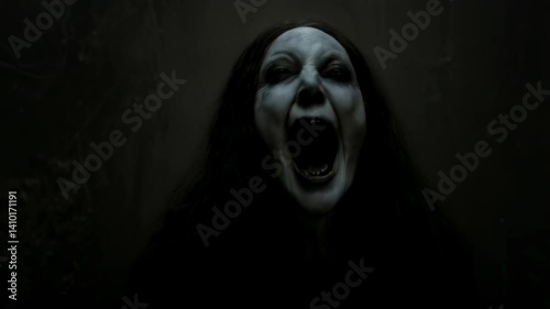 Creepy ghost jumpscare in dark forest: haunting figure emerges into nightmare