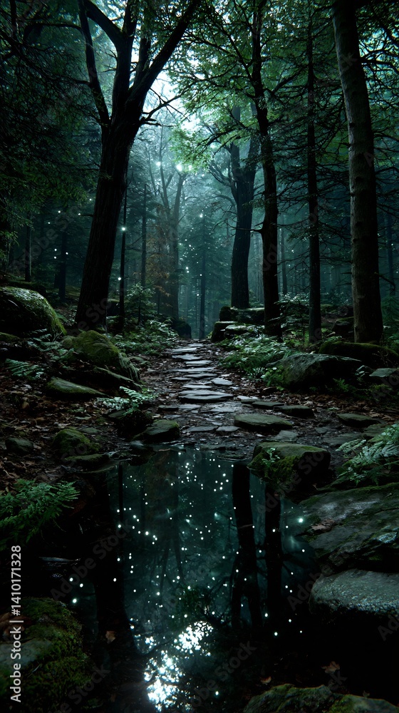 Obraz premium Tranquil Forest Pathway with Reflections and Soft Light in a Serene Natural Landscape