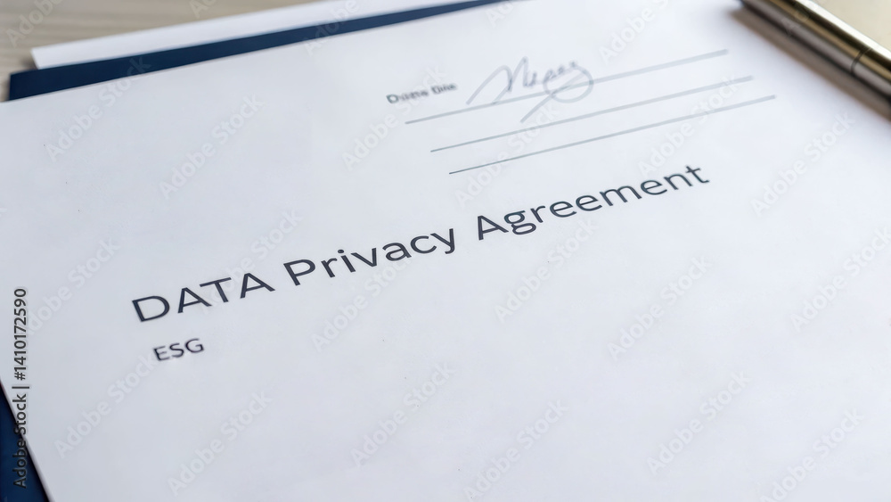 Fototapeta premium Data privacy agreement document with a signature and pen.