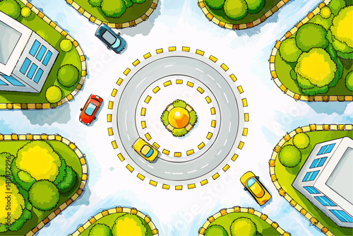 Aerial view of a roundabout with cars moving around the central island in the city. The design has a cartoony style