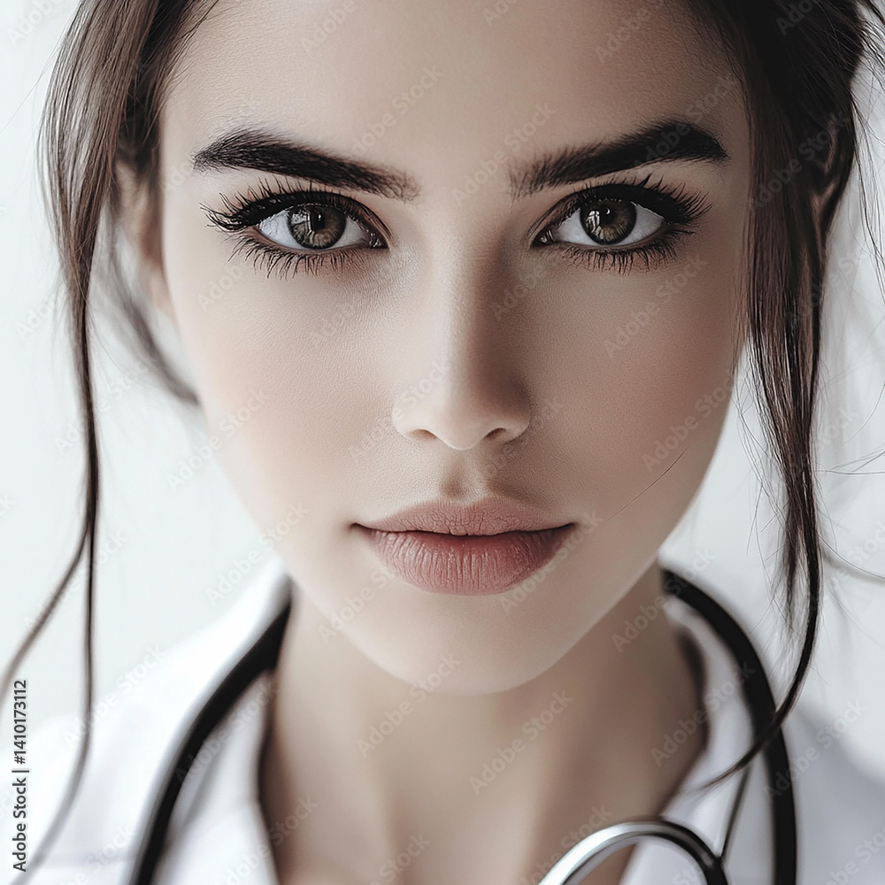 Beautiful woman close-up, doctor nurse care portrait close-up