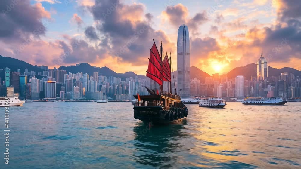 A red boat sails in the ocean near a city. The sky is cloudy and the sun is setting