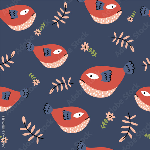 Folk hygge sea seamless pattern, fishes, seaweeds, corals, flowers and leaves scandinavian nordic style, ocean motives on background for wrapping, textile, digital and scrapbook paper