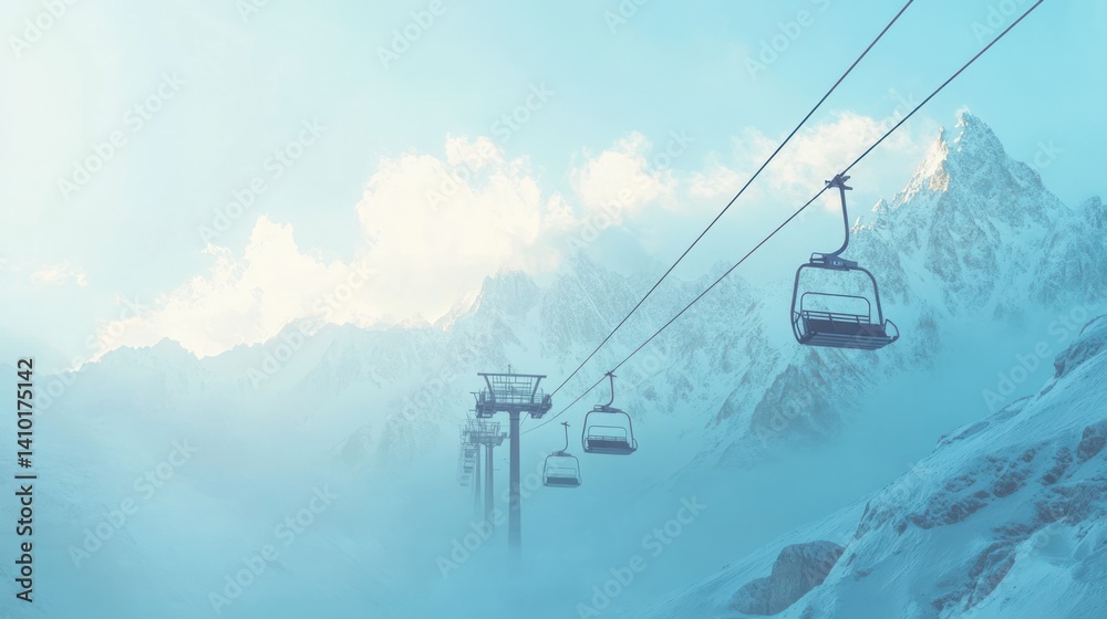 Snowy mountain peaks and chairlifts in a misty winter landscape. Snowy mountain peaks and chairlifts in a misty winter landscape.