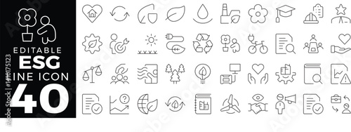 ESG (Environmental, Social, Governance) Icon Set in Thin Line Style – Includes Sustainability, Ethics, Responsibility, and Impact Elements. Editable Stroke.