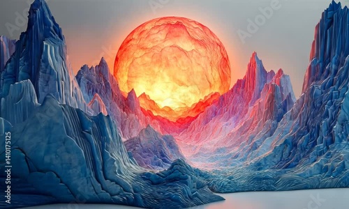 Fiery sun behind majestic icy mountains.