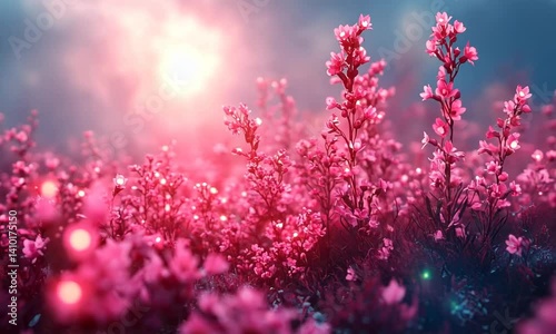 Pink wildflowers bathed in sunrise glow.