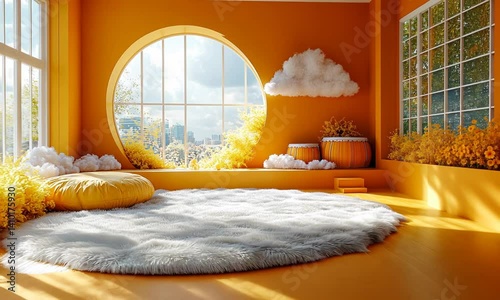 Sunny, bright orange room with circular window and fluffy rug.