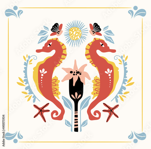 Folk hygge ready to use vector ocean print in Scandinavian style, folkloric isolated design on white. Composition with classic ethnic elements. Scandi folk motifs - sea animals, fishes and flowers