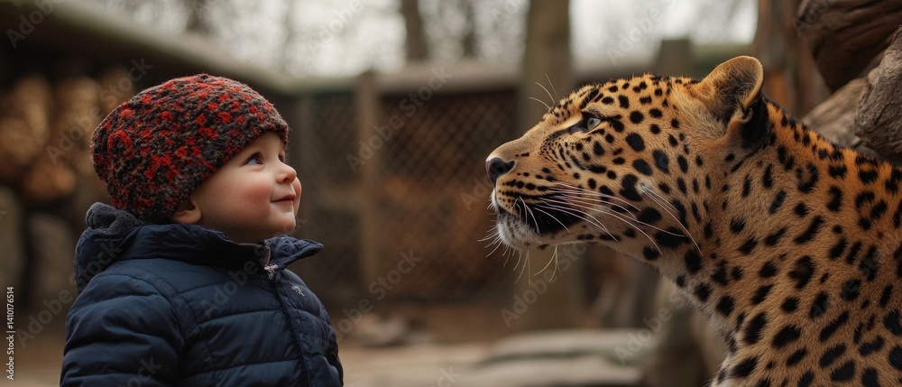 A child wearing a winter hat looks at a leopard at the zoo while learning about wildlife. Useful for children's educational materials, articles about zoos, advertisements for family fun.