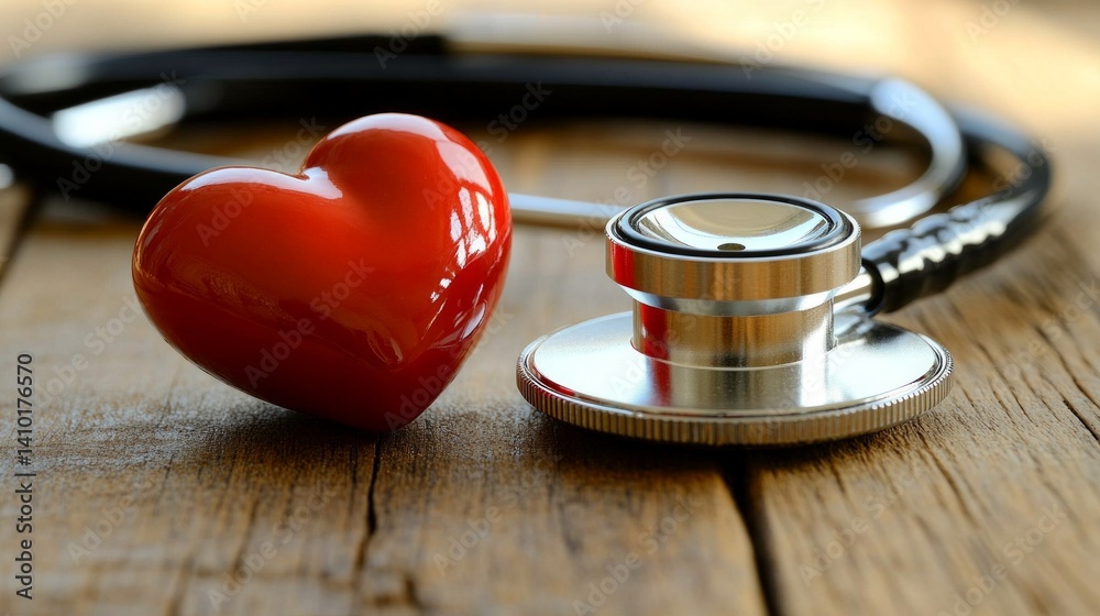 Red heart and stethoscope on wooden surface symbolizing health and medicine. Useful for medical articles, health blogs, advertising of medical services.