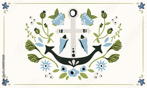 Folk hygge ready to use vector ocean print in Scandinavian style, folkloric isolated design on white. Composition with classic ethnic elements. Scandi folk motifs - sea animals, fishes and flowers