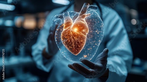 Obraz na płótnie Heart hologram in the hands of a medic, a symbol of medicine and technology..Medical articles, clinic advertisements, health blogs. w salonie